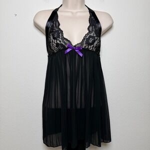 Fantasy Lingerie Women Cami Top 3X Black Purple Bow Sexy Micro Mesh Sexy Babydol
